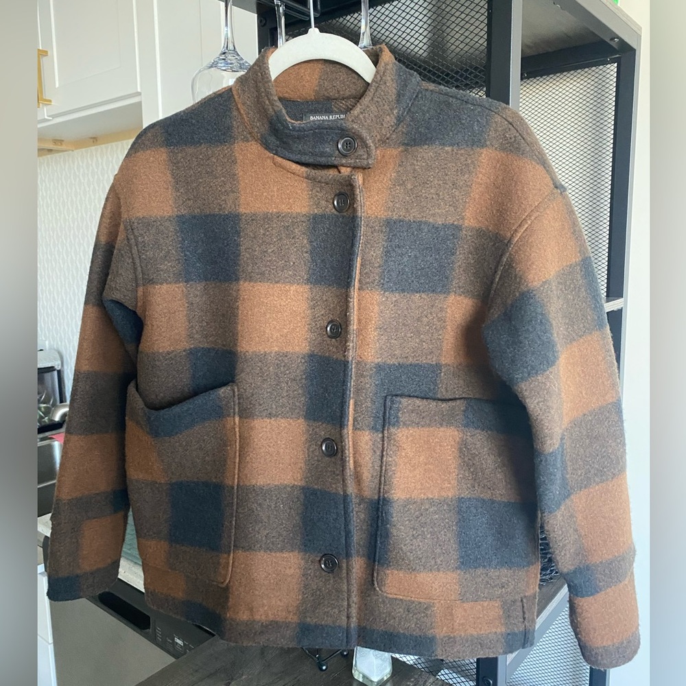 BANANA REPUBLIC PLAID POCKET JACKET CINNAMON SPICE PETITE XS.